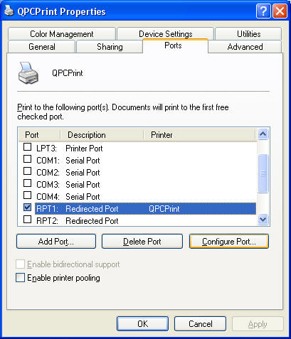 Configure port for QPCPrint