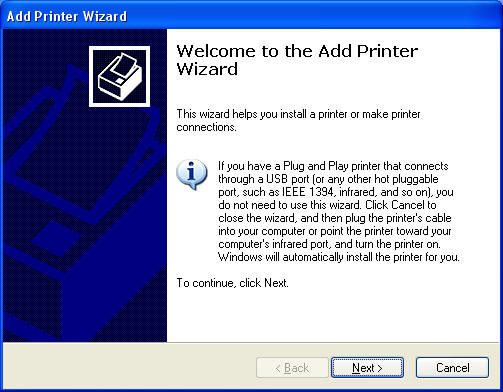 Add a New Printer Wizard in Windows XP